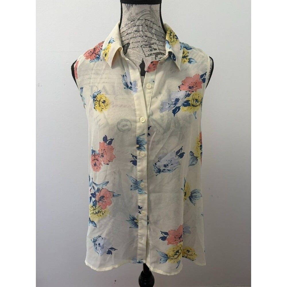 Forever 21 Women's Small Sleeveless Floral Blouse Paris Eiffel Tower Print Cream
